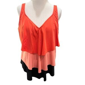 Avenue Orange/Coral/Black Soft  V Neck Tiered Ruffle  Tankini Swim TOP Size 18W